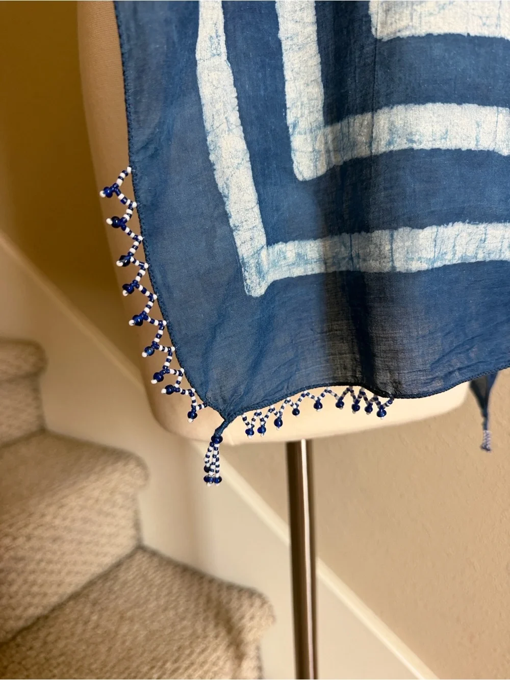 Taraliya by Anokhi Blue 100% Cotton Scarf with Beaded Fringe